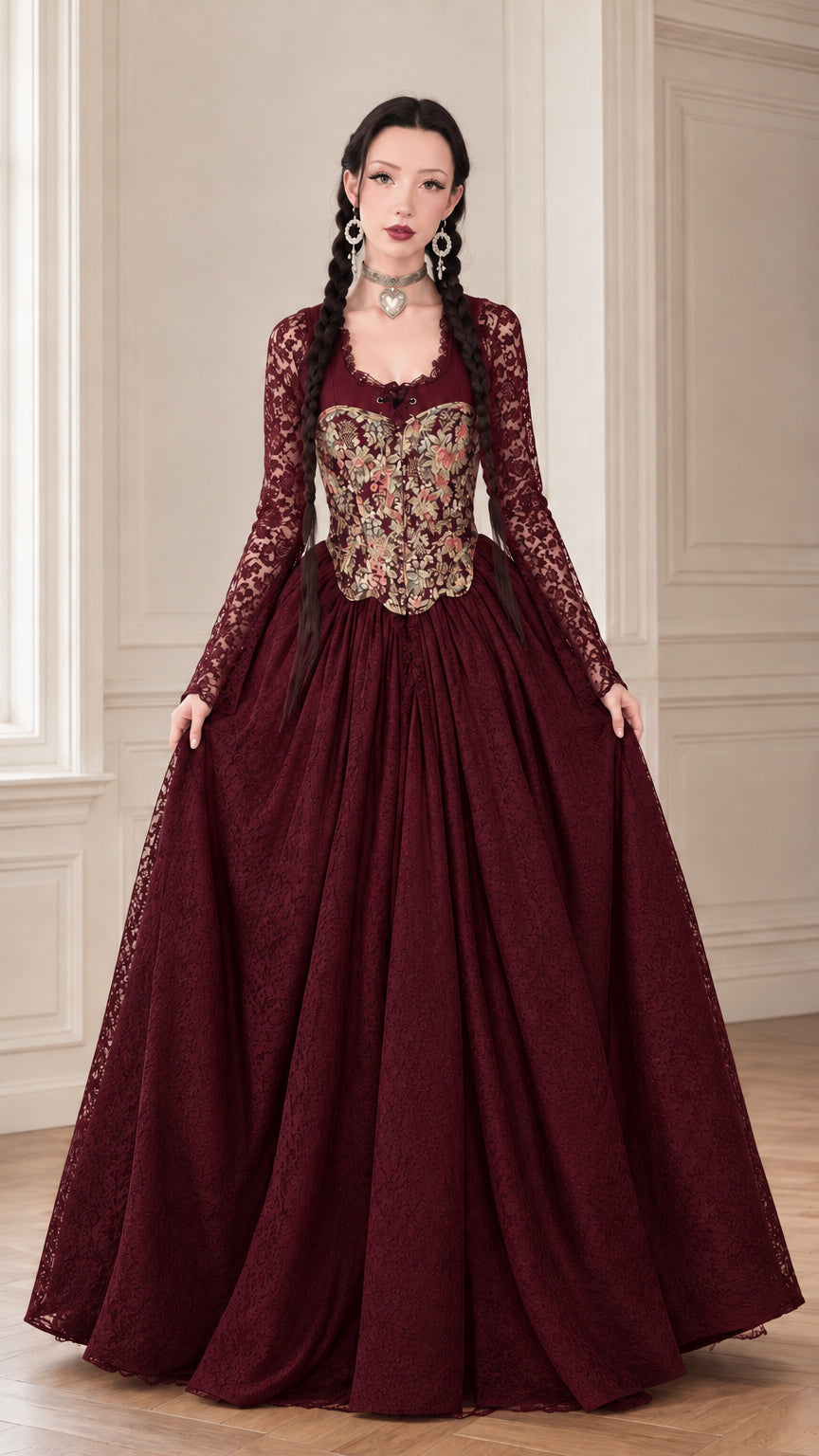 Front full-length view of the burgundy wine floral tapestry lace ball gown