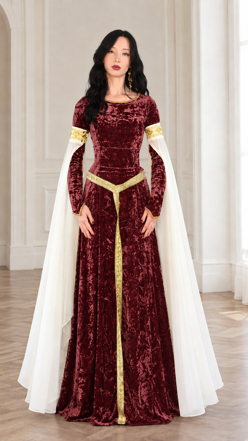 Front full-length view of burgundy red velvet medieval maxi gown with gold trim and drape sleeves