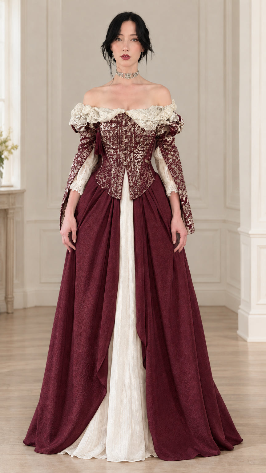 Front view of burgundy vintage off-the-shoulder corset gown with split skirt