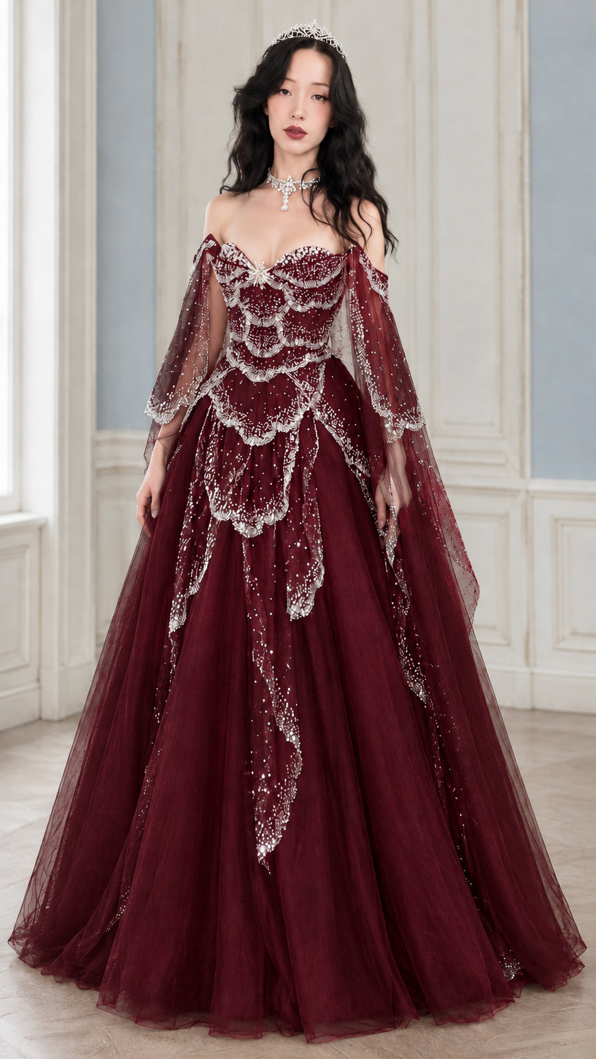 Burgundy wine red off-shoulder sequin tiered tulle ball gown