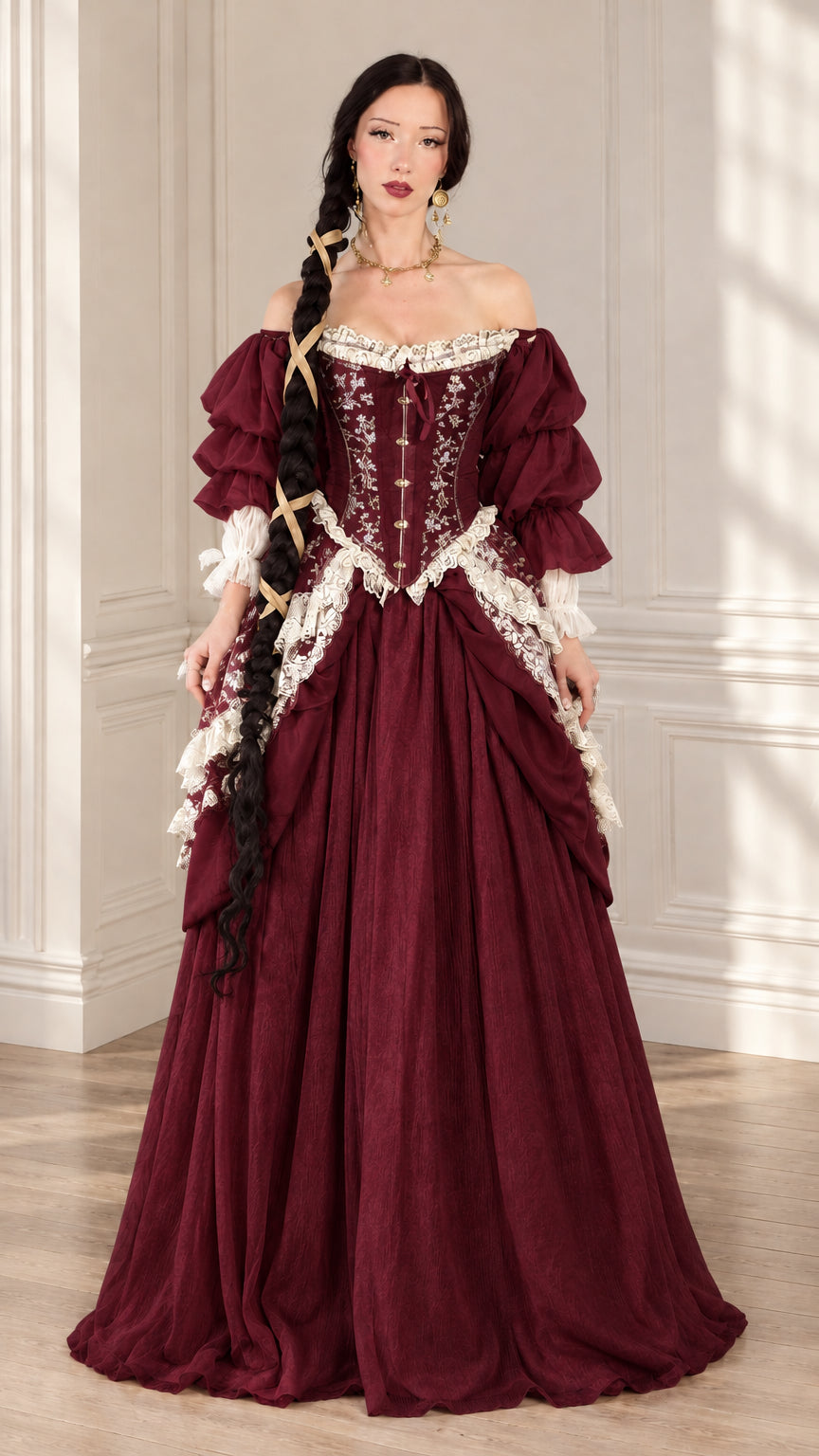 Burgundy wine red Victorian corset ball gown with tiered puff sleeves and lace trim