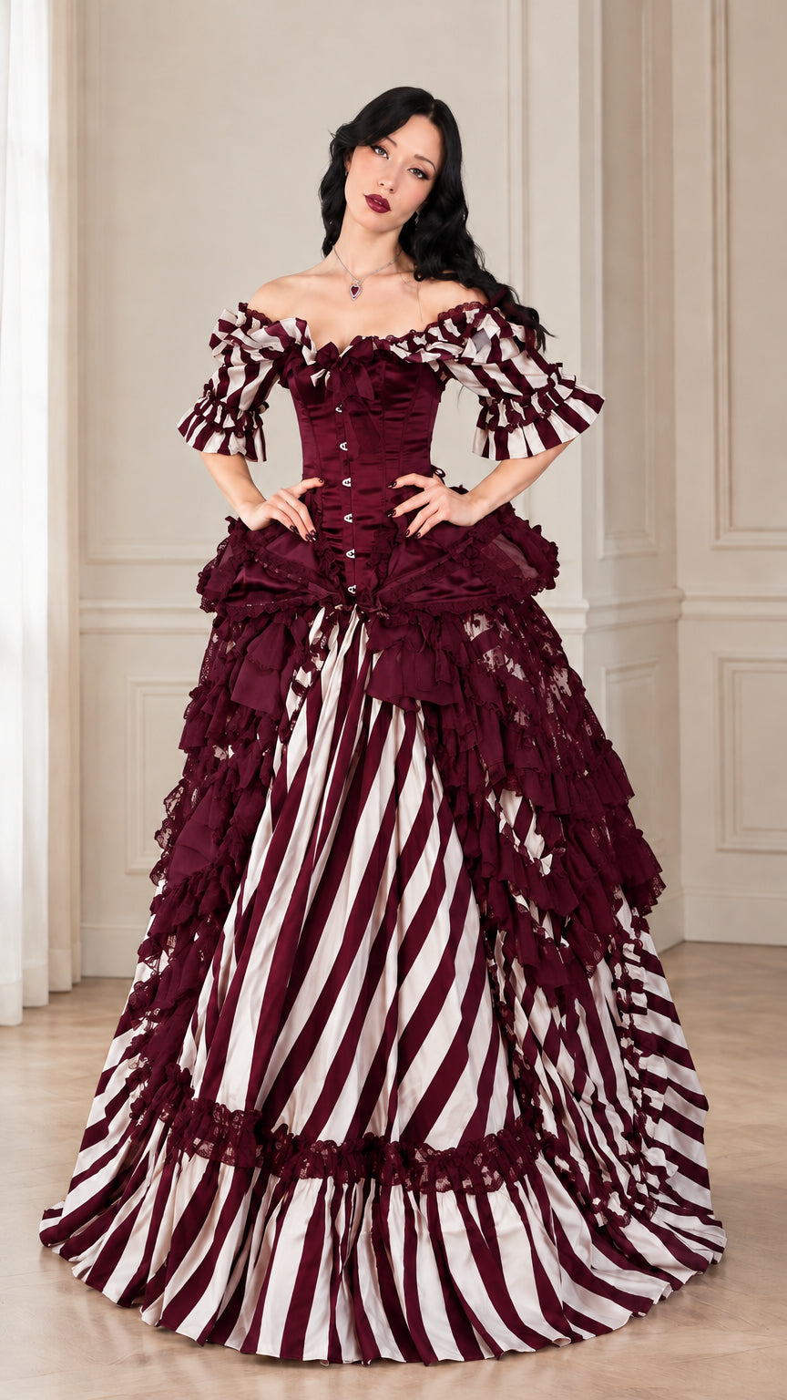Front view of model wearing burgundy wine red and white striped Victorian ball gown