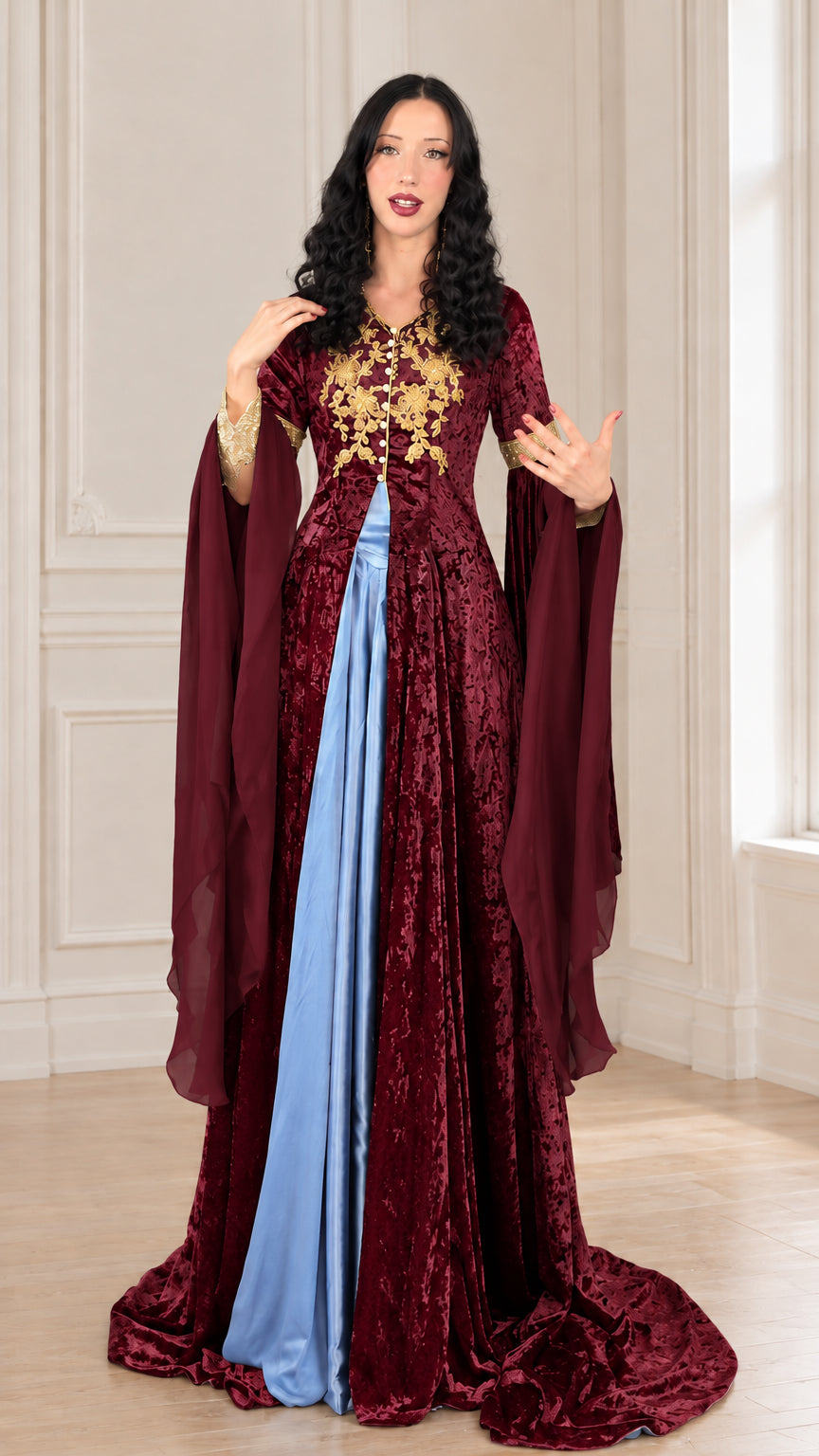 Burgundy wine red medieval gown with gold embroidery and draped bell sleeves