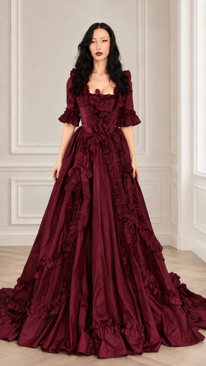 Woman wearing a deep burgundy wine red Victorian ruffled ball gown maxi dress