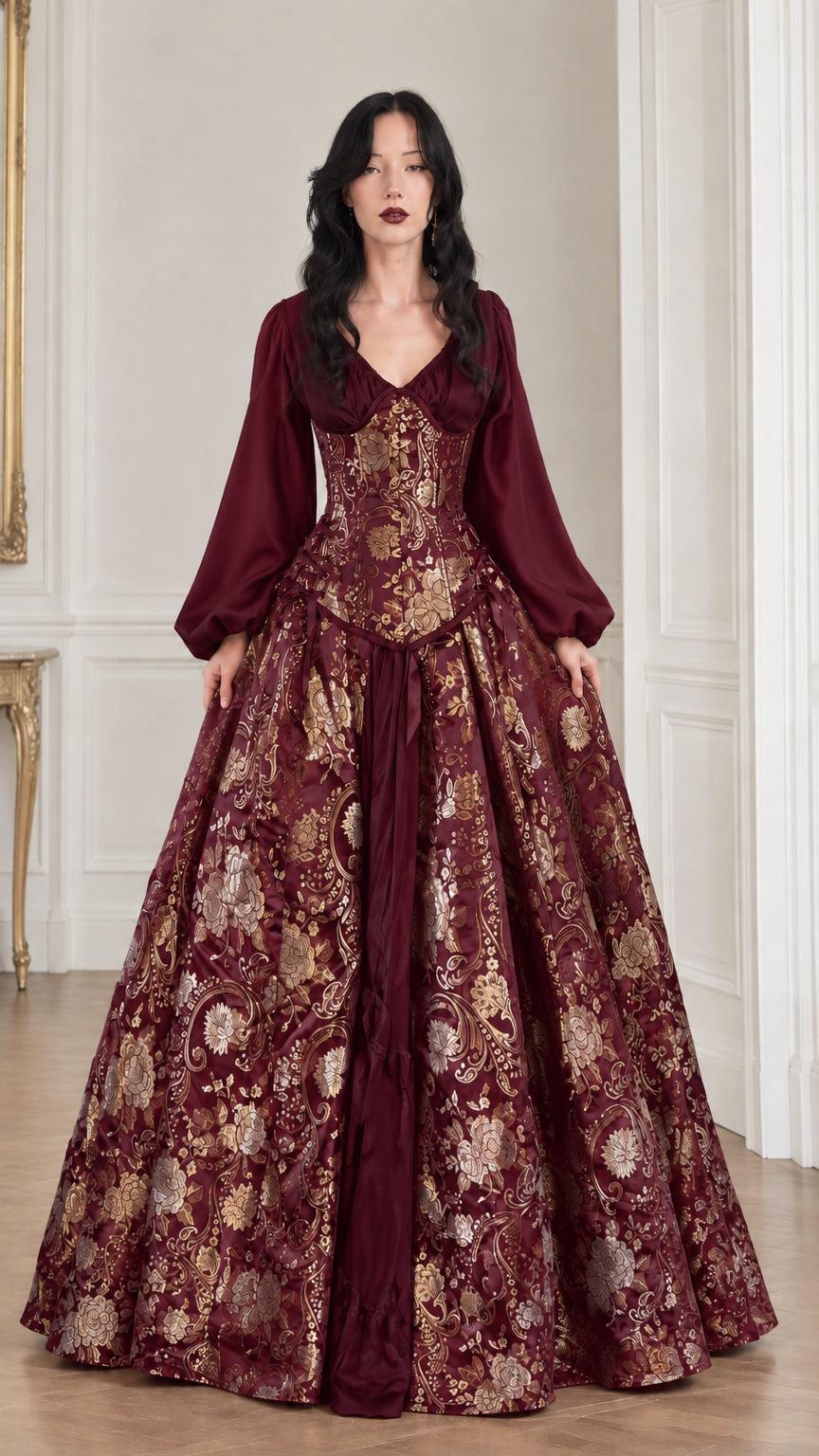 Burgundy wine red jacquard corset maxi dress with contrast sleeves