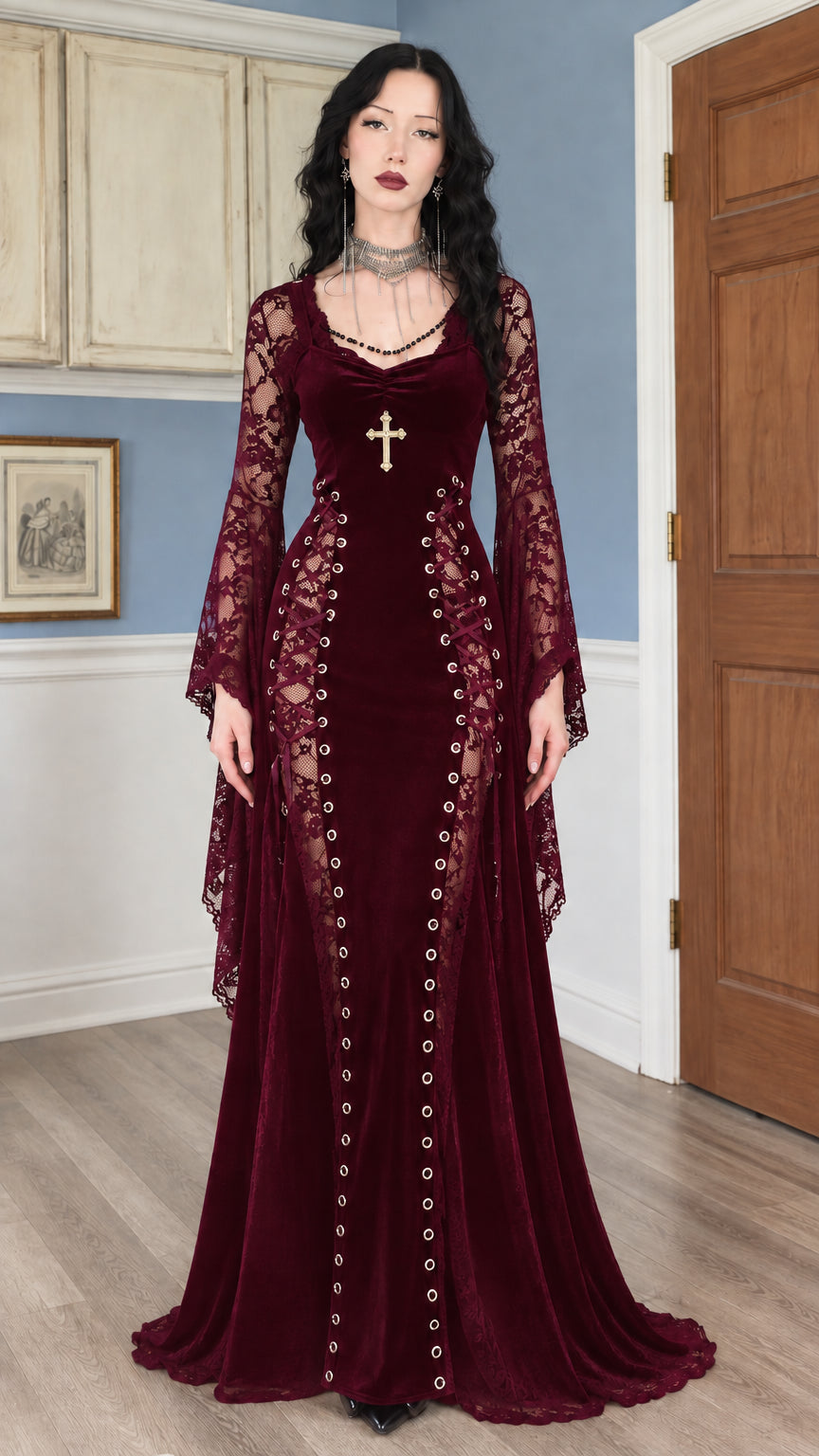 Burgundy red velvet gothic evening gown with sheer floral lace bell sleeves