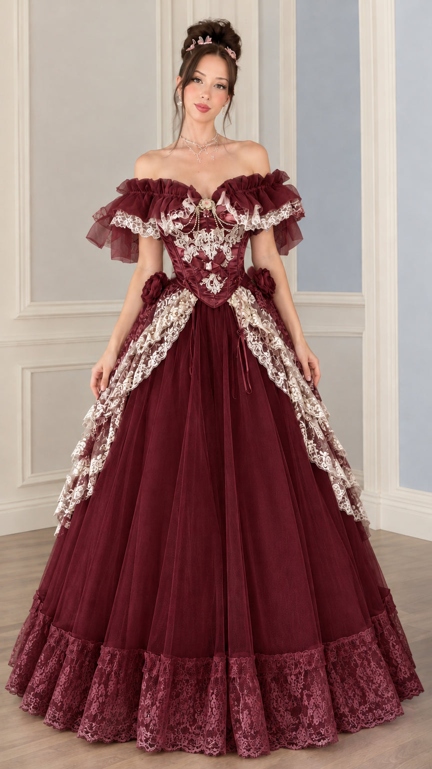 Full-length view of the burgundy wine red Victorian masquerade ball gown with delicate lace accents