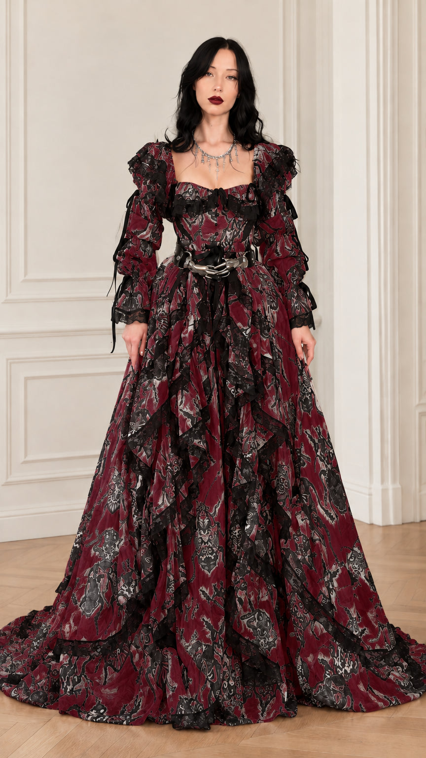 Front view of burgundy red and black baroque lace tiered ruffle maxi gown
