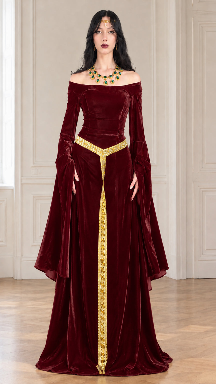 Full front view of deep burgundy velvet Renaissance gown with gold embroidered details