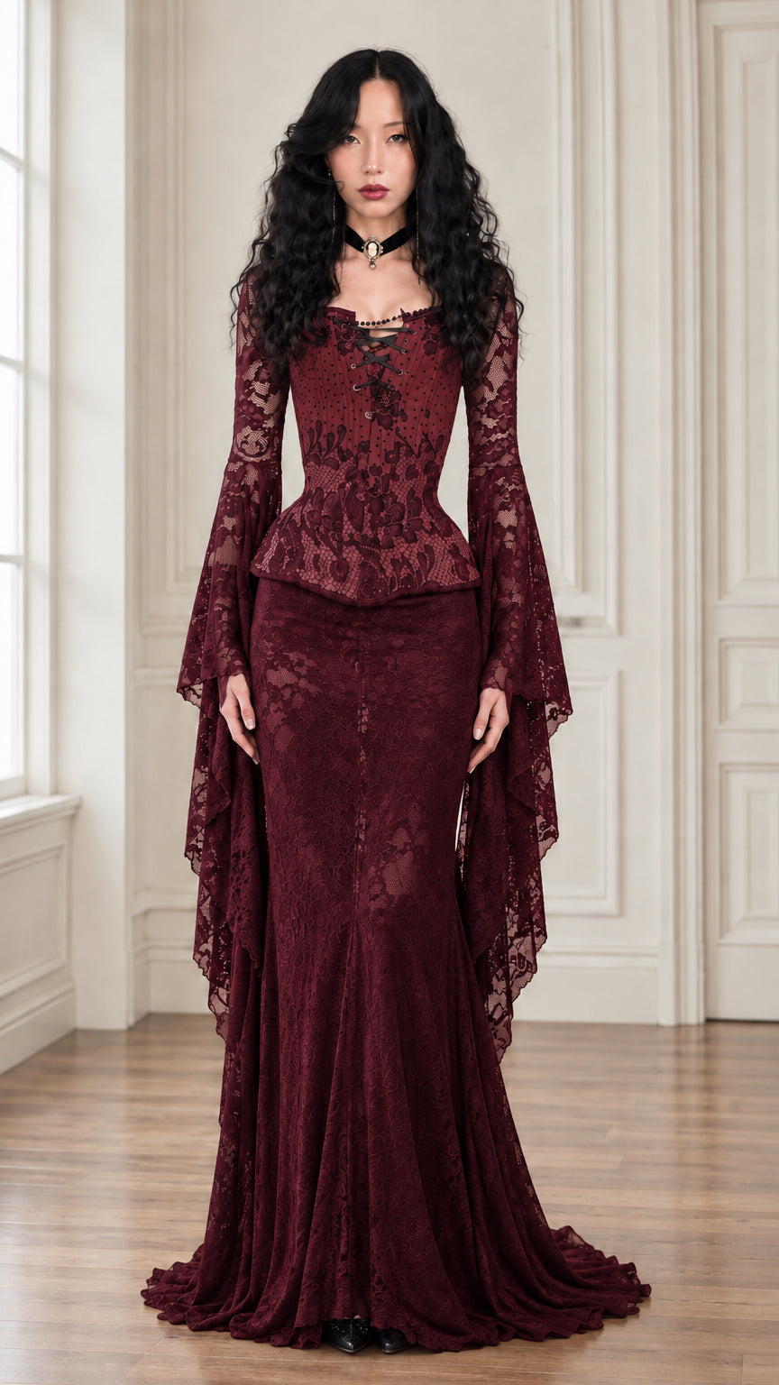 Burgundy wine red lace corset evening dress with flared mermaid skirt