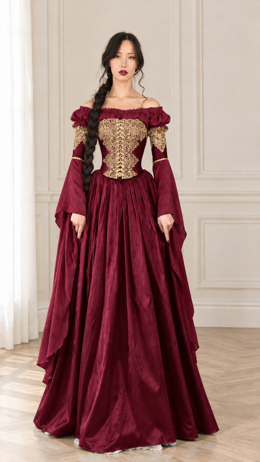 Front view of woman wearing Burgundy wine red Renaissance corset dress with gold detailing
