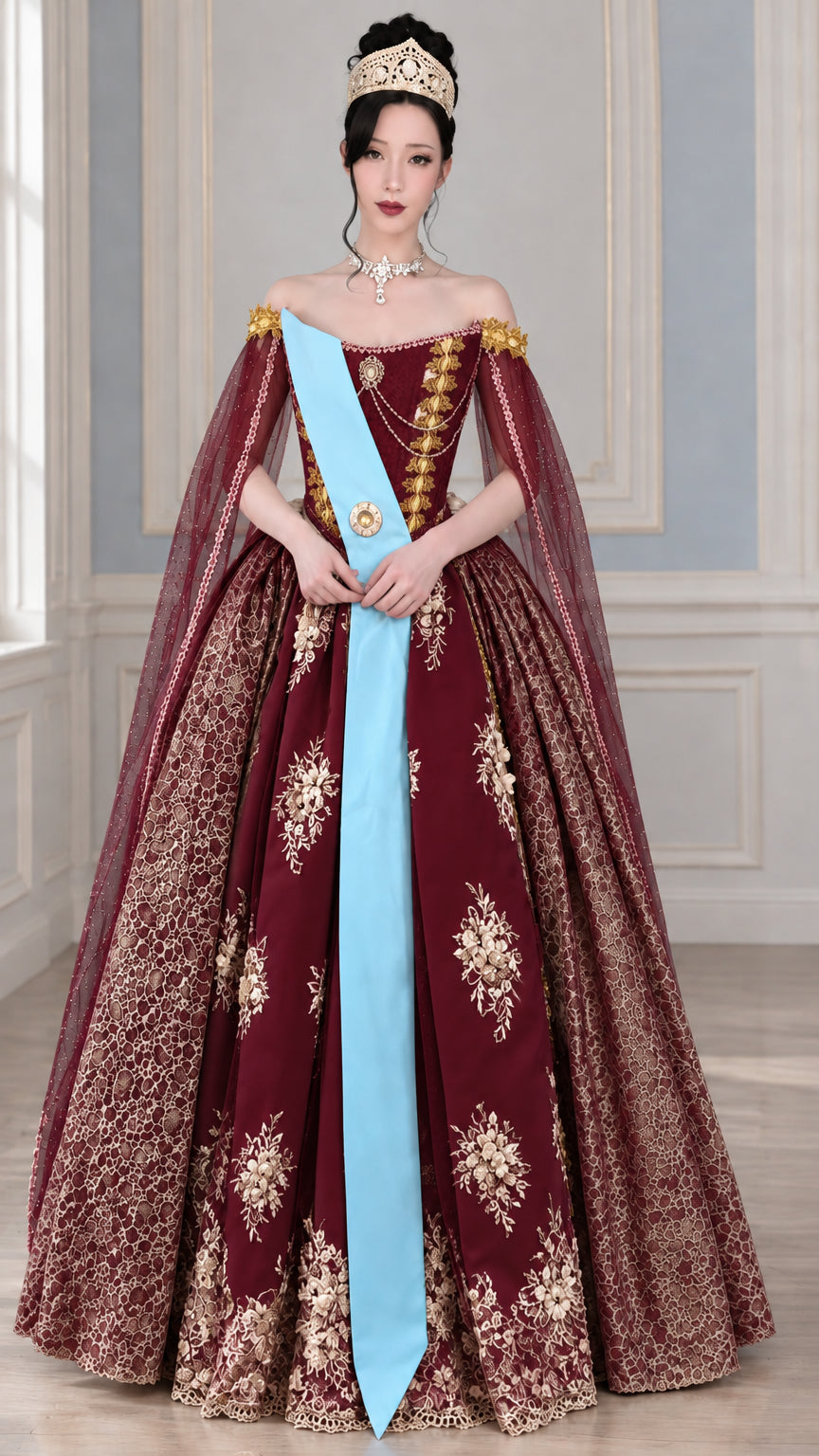 Burgundy wine red and gold royal ball gown costume with blue sash