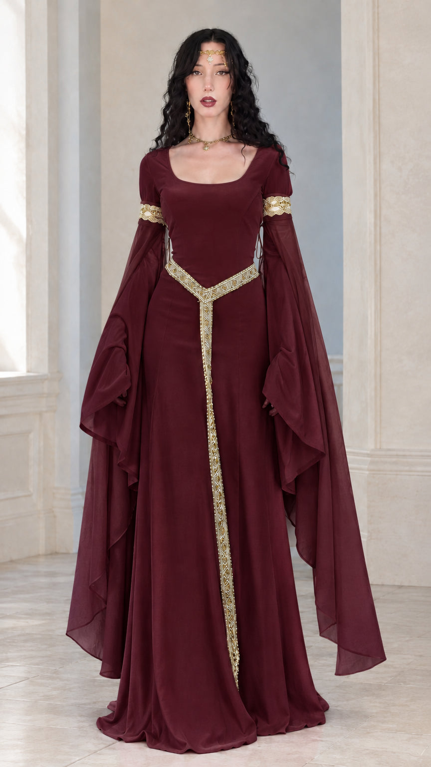 Full front view of woman wearing a burgundy wine red medieval gown with gold trim and flared sleeves