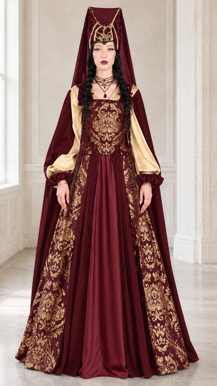 Full front view of medieval brocade gown in burgundy wine red