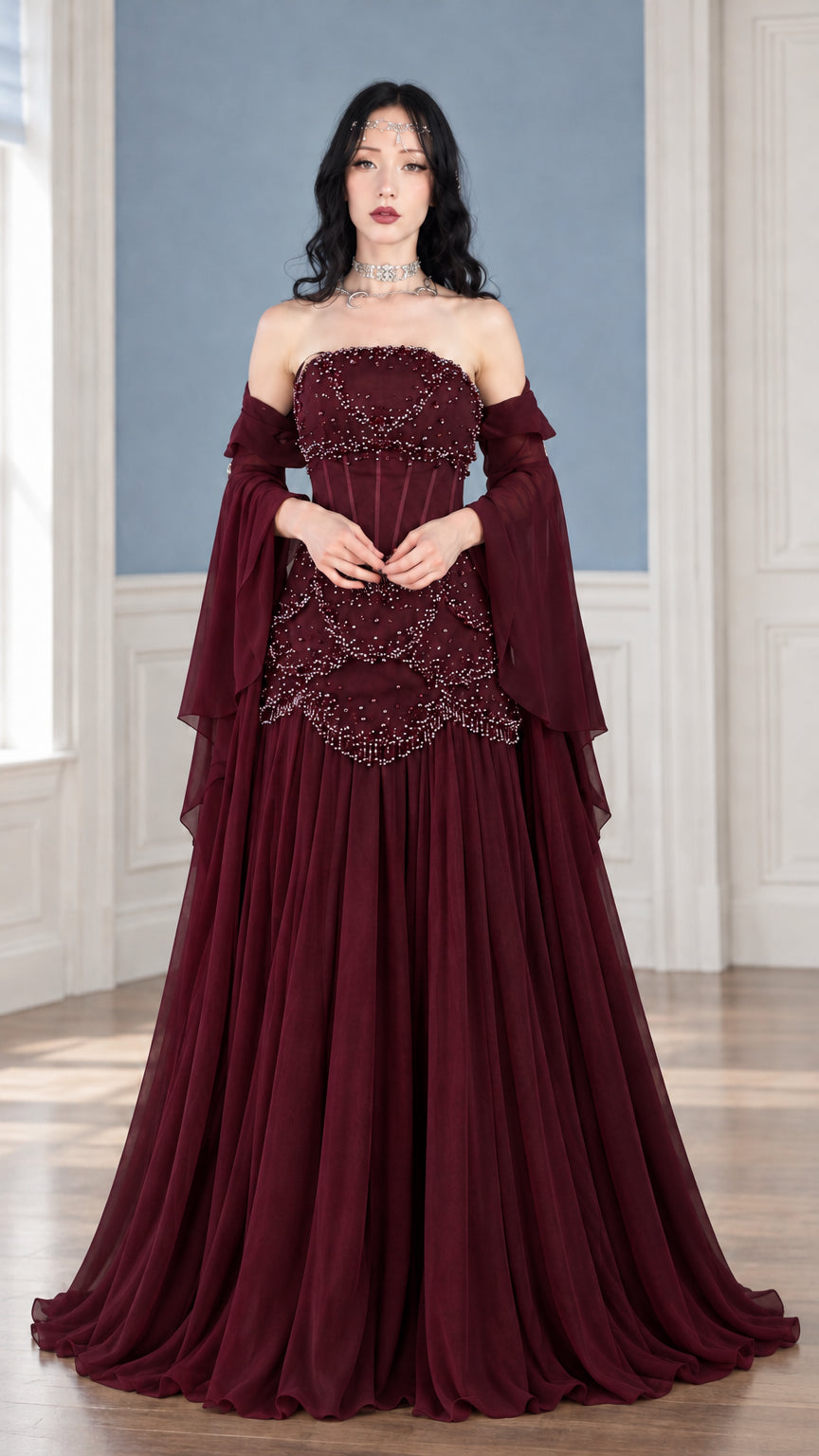 Front view of burgundy red beaded corset ball gown with flowing sleeves