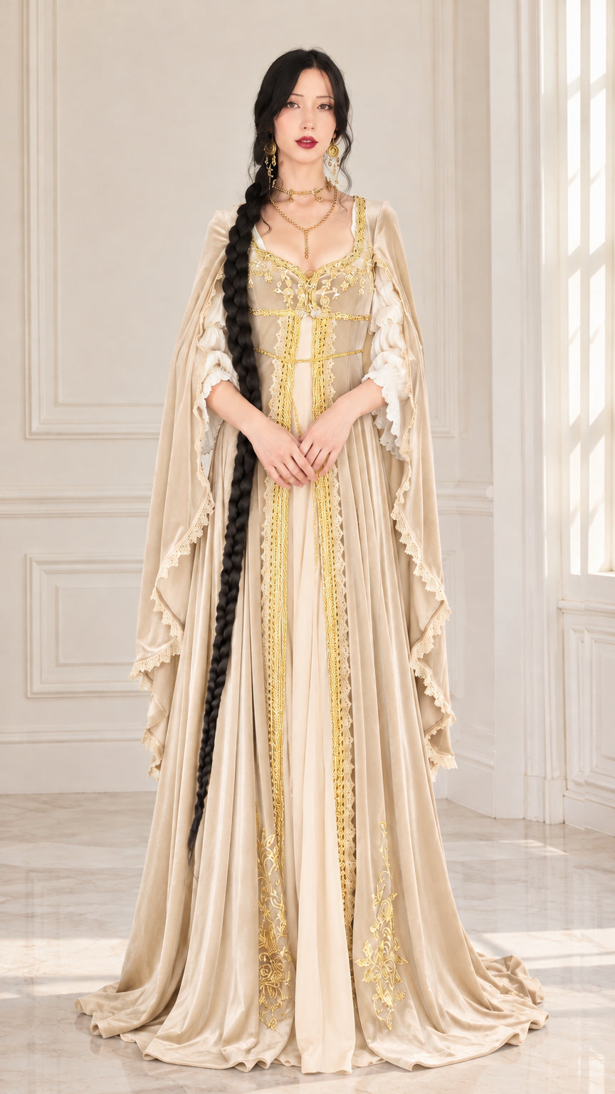 Front full-length view of champagne beige velvet fantasy ball gown with delicate gold accents
