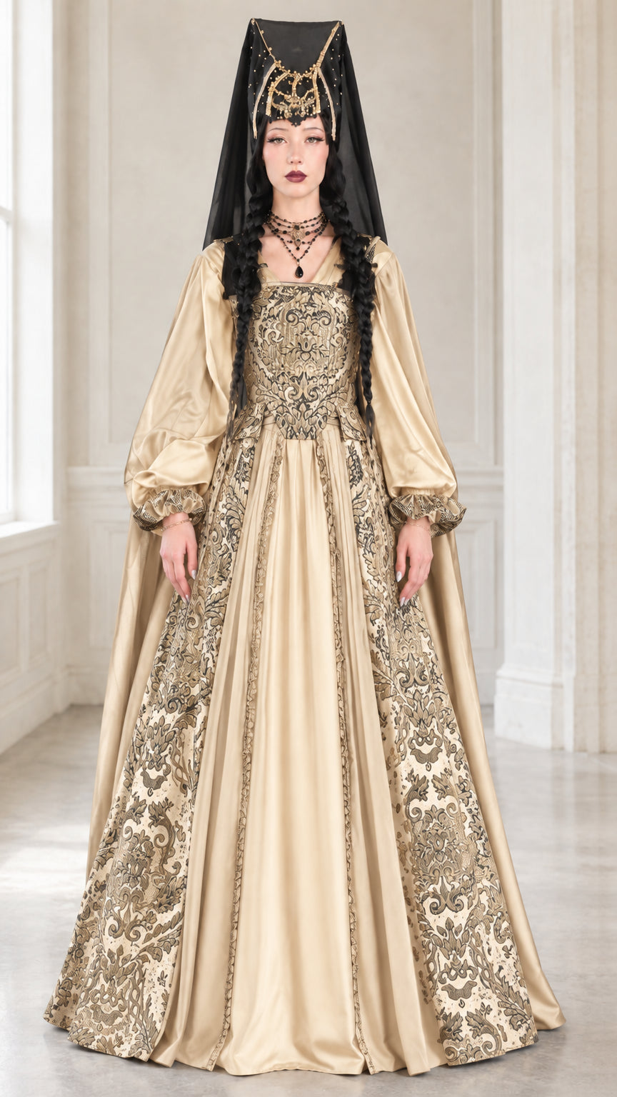 Full front view of medieval brocade gown in champagne gold