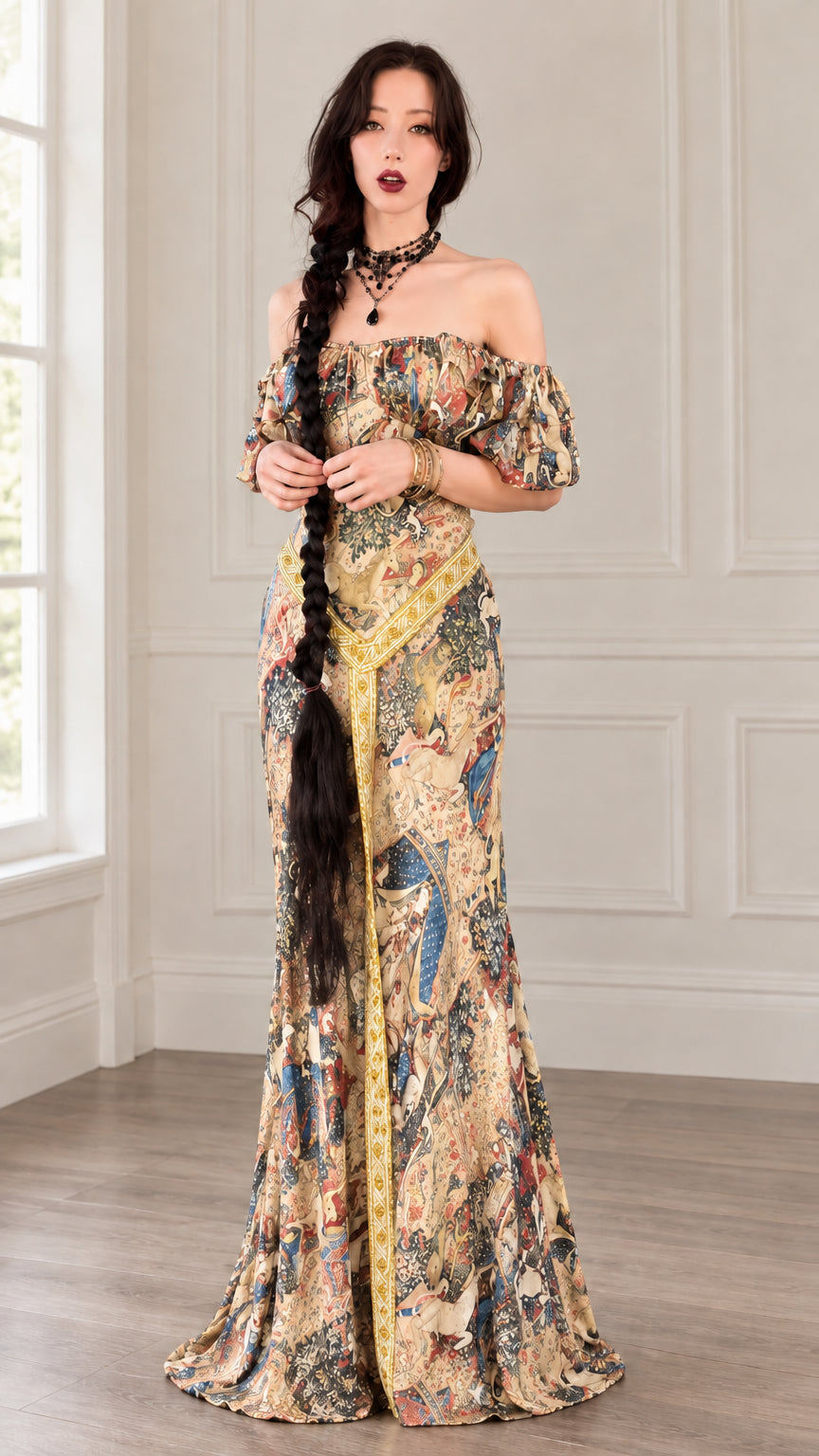 Front full view of beige and gold tapestry print off-shoulder maxi dress with trim