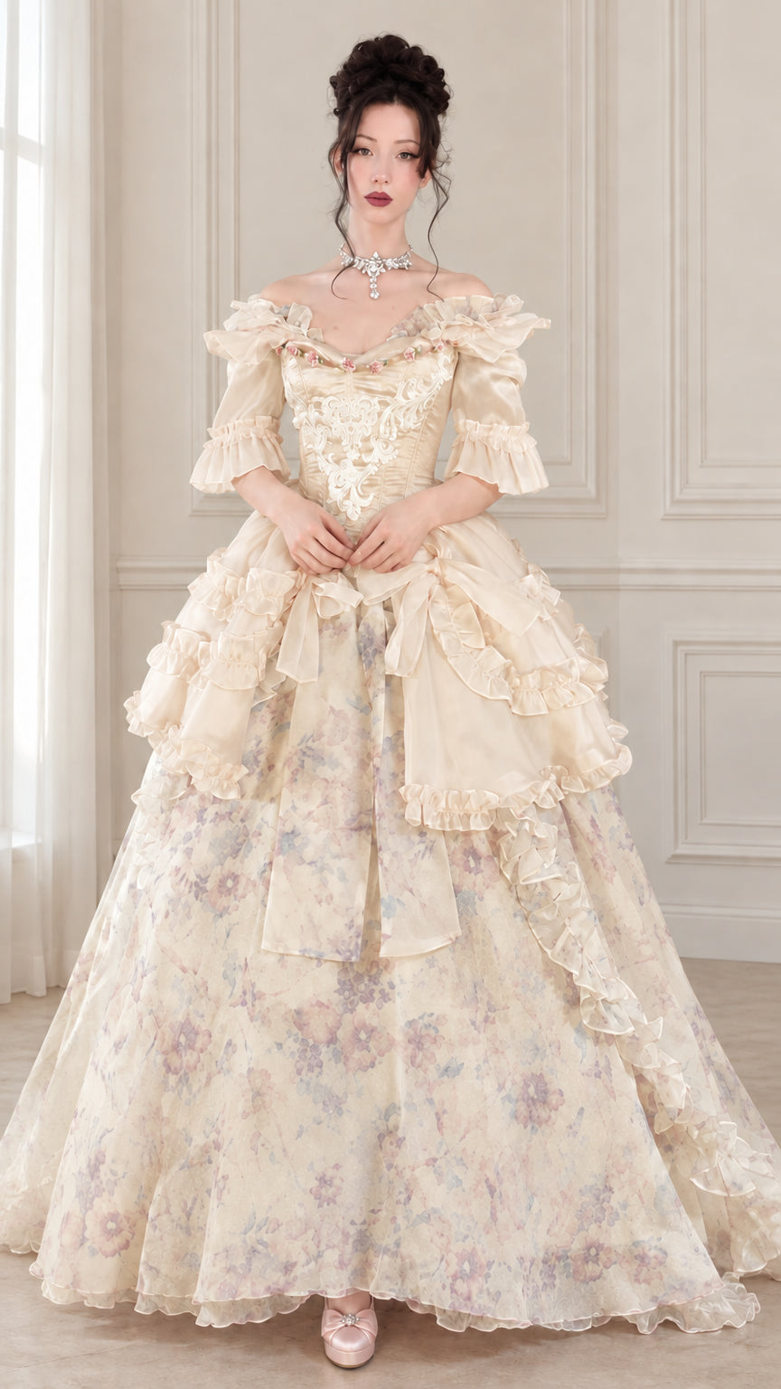 Front view of woman wearing champagne cream floral Victorian Rococo corset ball gown