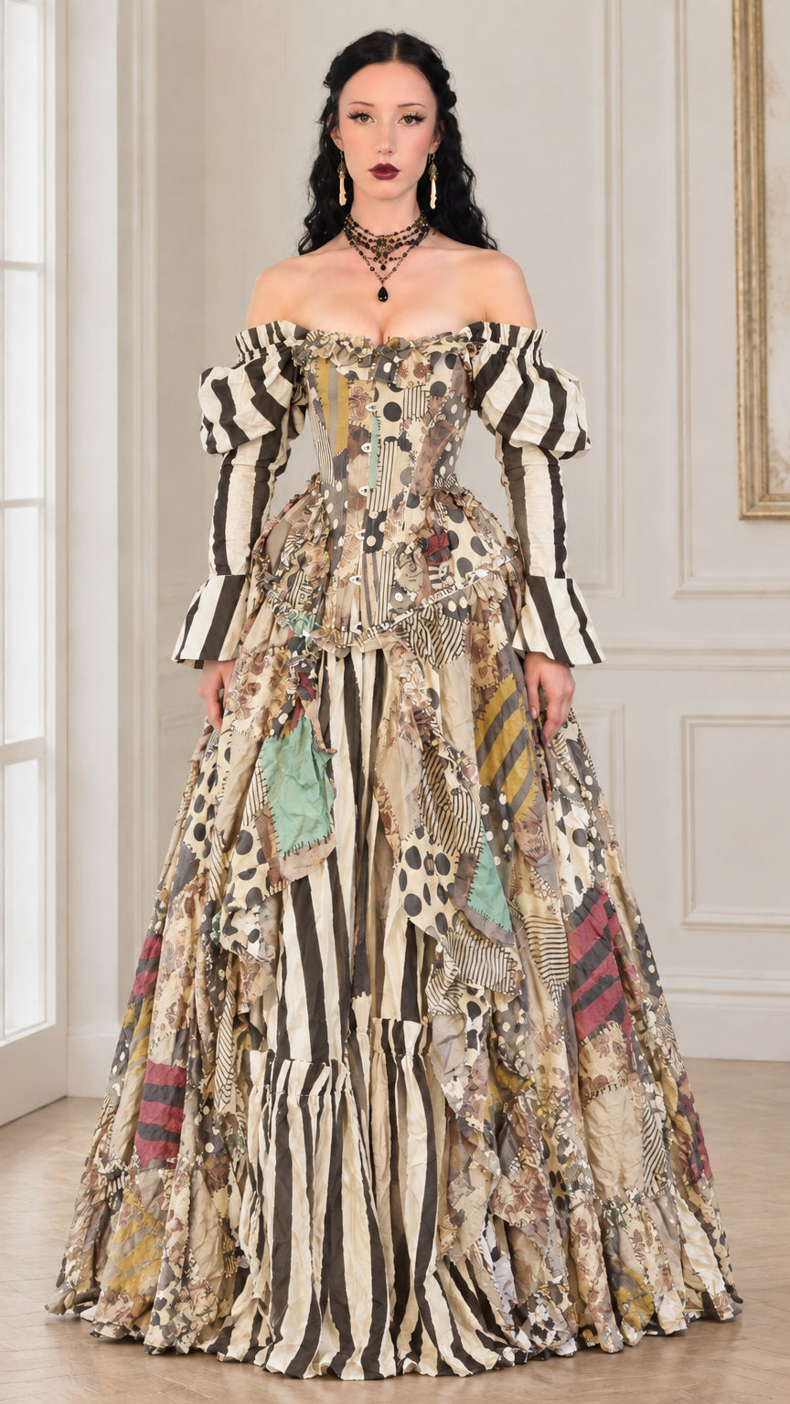 Full front view of beige champagne patchwork off-shoulder corset ball gown
