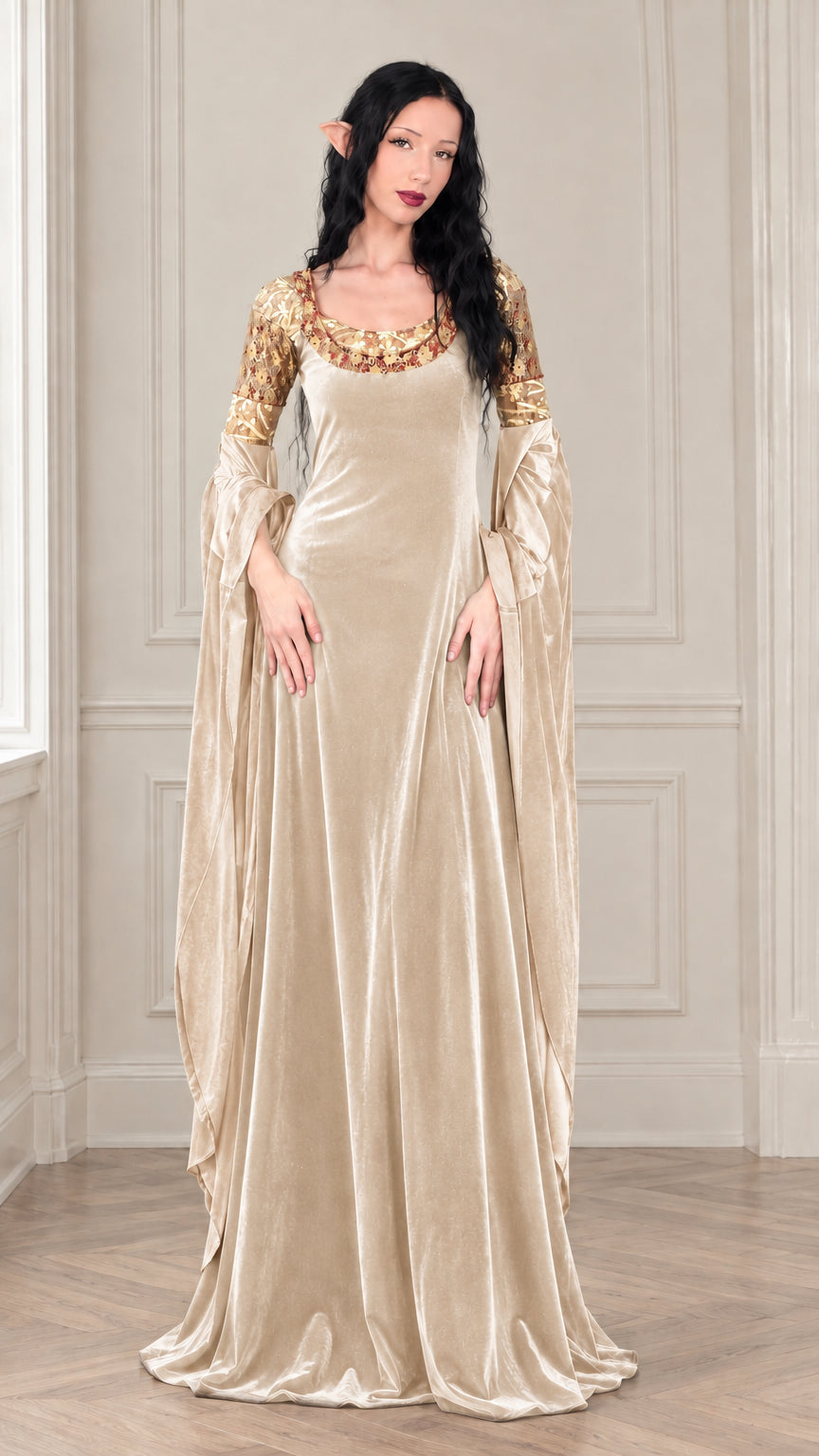 Full-length front view of champagne gold velvet fantasy gown with embroidered gold lace bodice