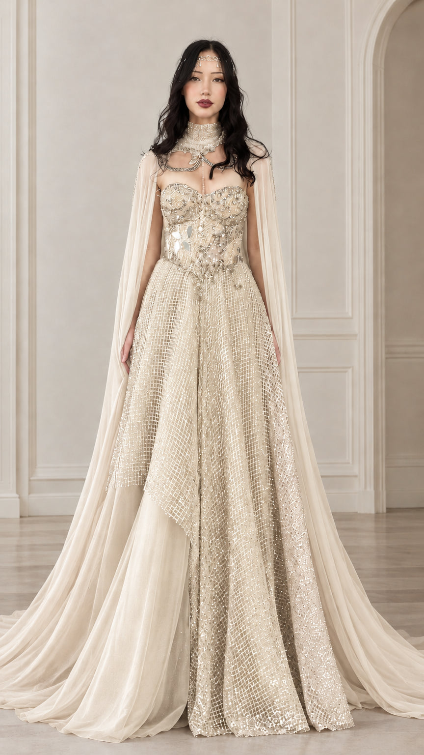 Full front view of champagne gold crystal-embellished evening gown with flowing sheer cape