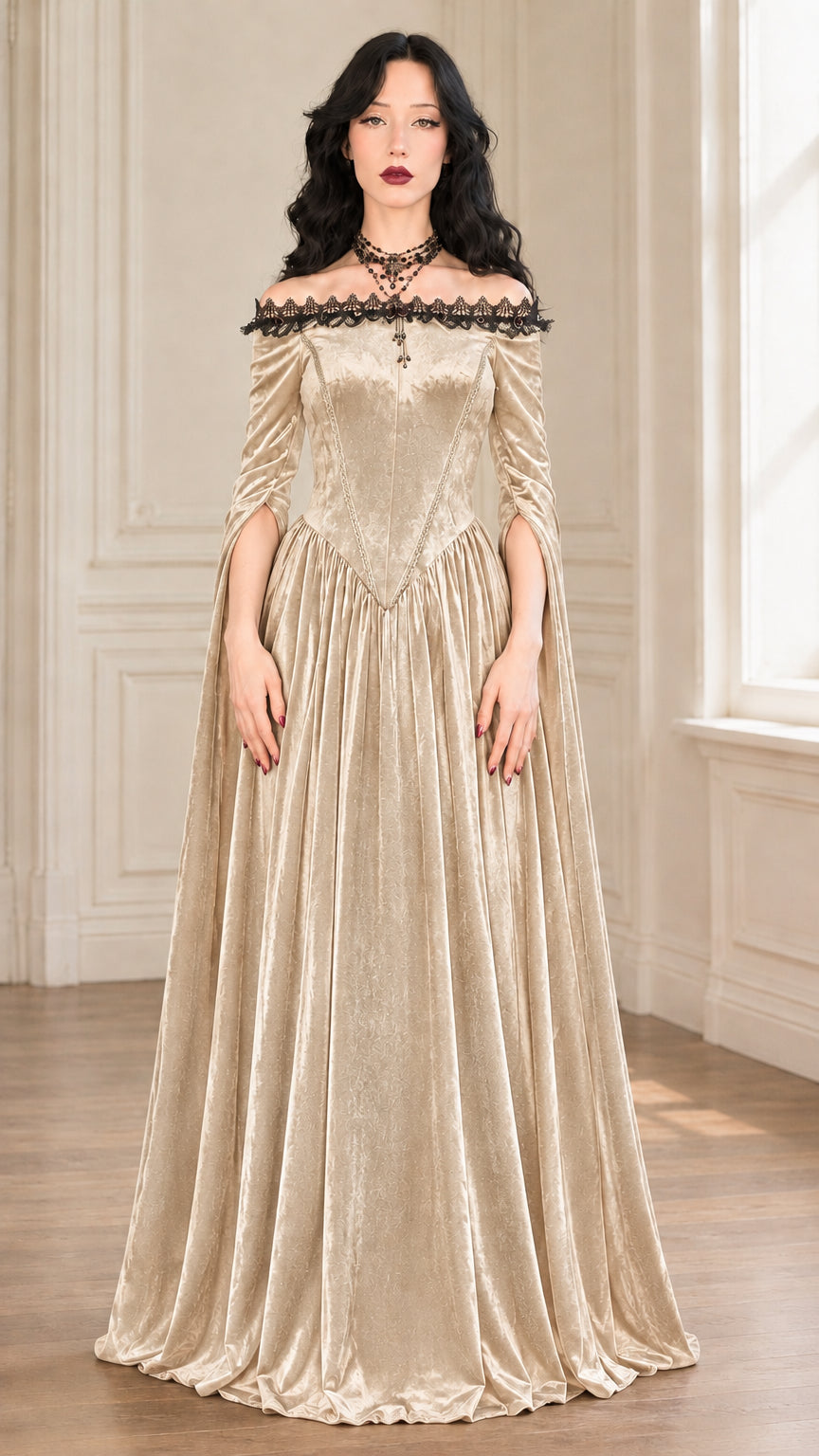 Champagne gold velvet off-shoulder vintage Renaissance gown front view