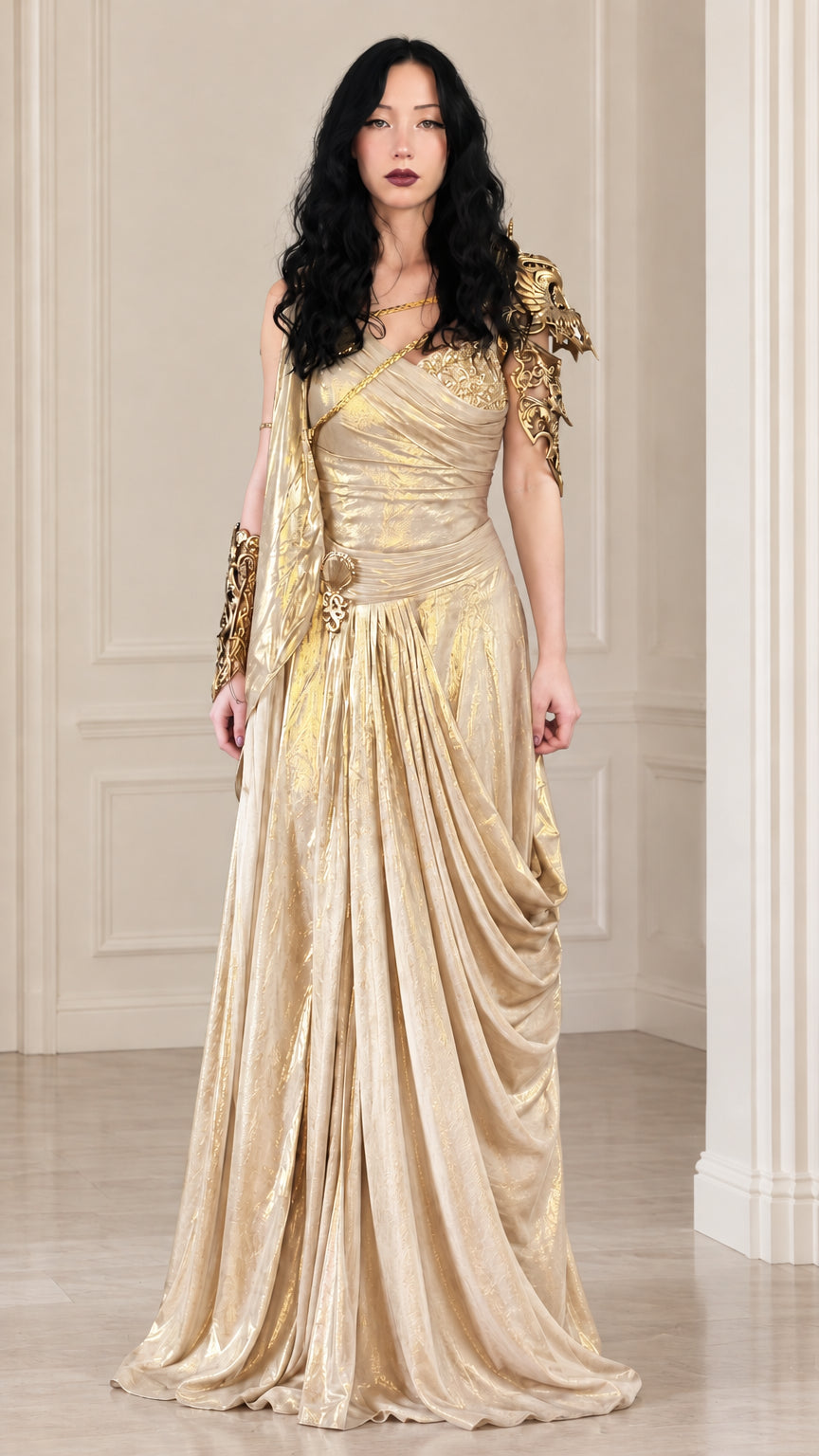 Champagne gold metallic draped goddess maxi dress with shoulder accent
