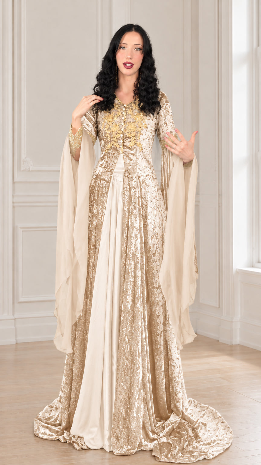 Champagne gold crushed velvet renaissance maxi gown with gold trim and cream center panel