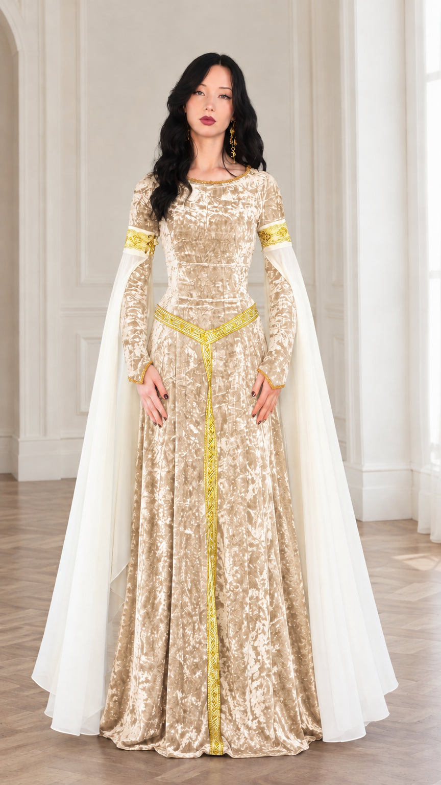 Front full-length view of champagne beige crushed velvet medieval dress with gold embroidered trim