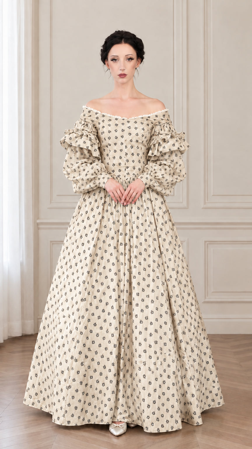 Front view of cream beige floral vintage off-shoulder ball gown with sweeping skirt