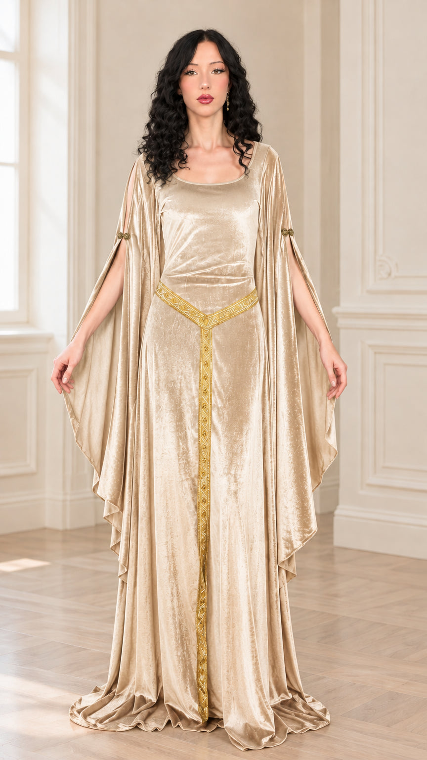 Champagne gold velvet Renaissance fantasy gown with long angel sleeves