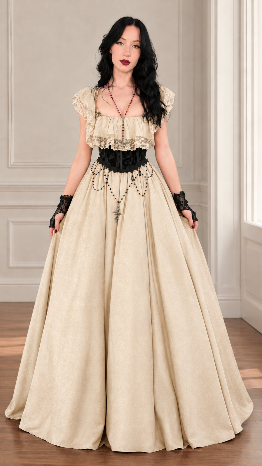 Front view of beige Gothic Victorian lace ruffle maxi ball gown dress