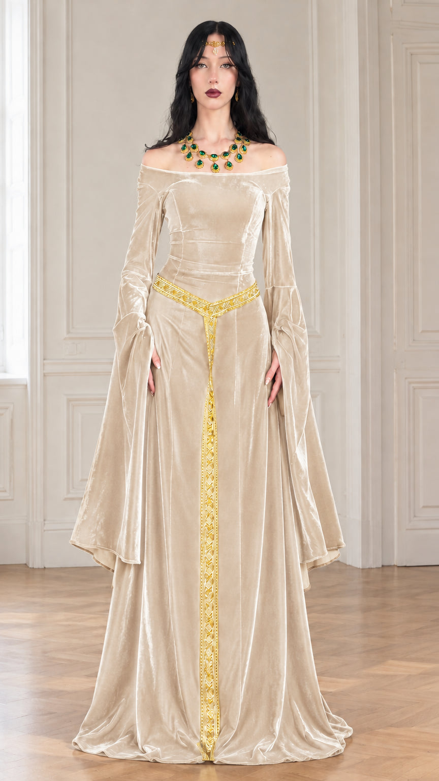 Full front view of champagne gold velvet Renaissance gown with ornate gold front trim