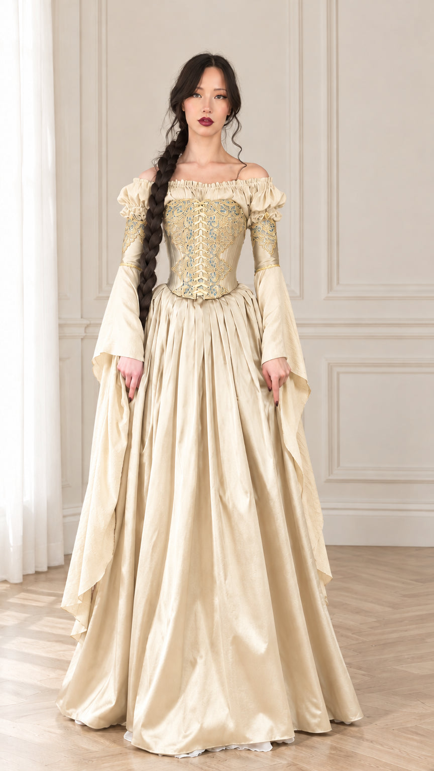 Front view of woman wearing Champagne gold Renaissance ballgown with embroidered corset