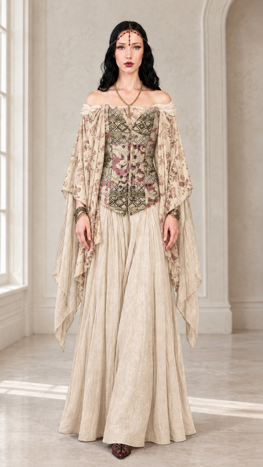 Front view of cream beige medieval fairy tale maxi dress