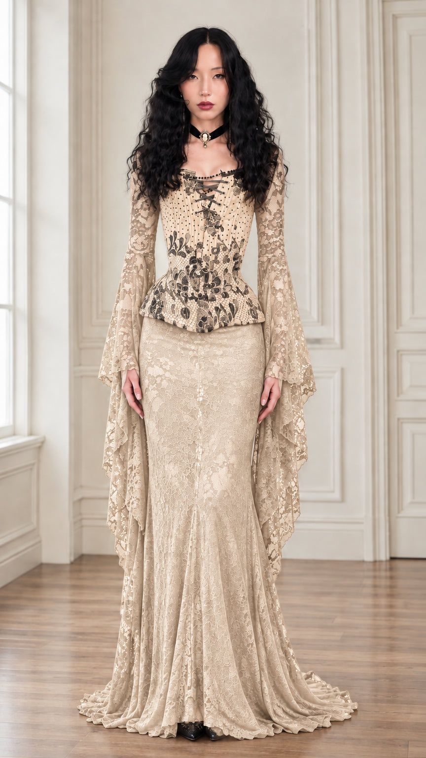 Champagne beige lace corset maxi gown with long dramatic bell sleeves