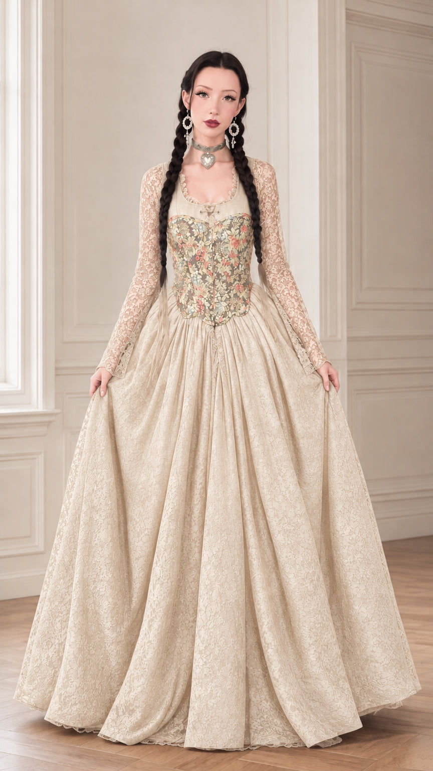 Front full-length view of the champagne beige floral tapestry lace ball gown