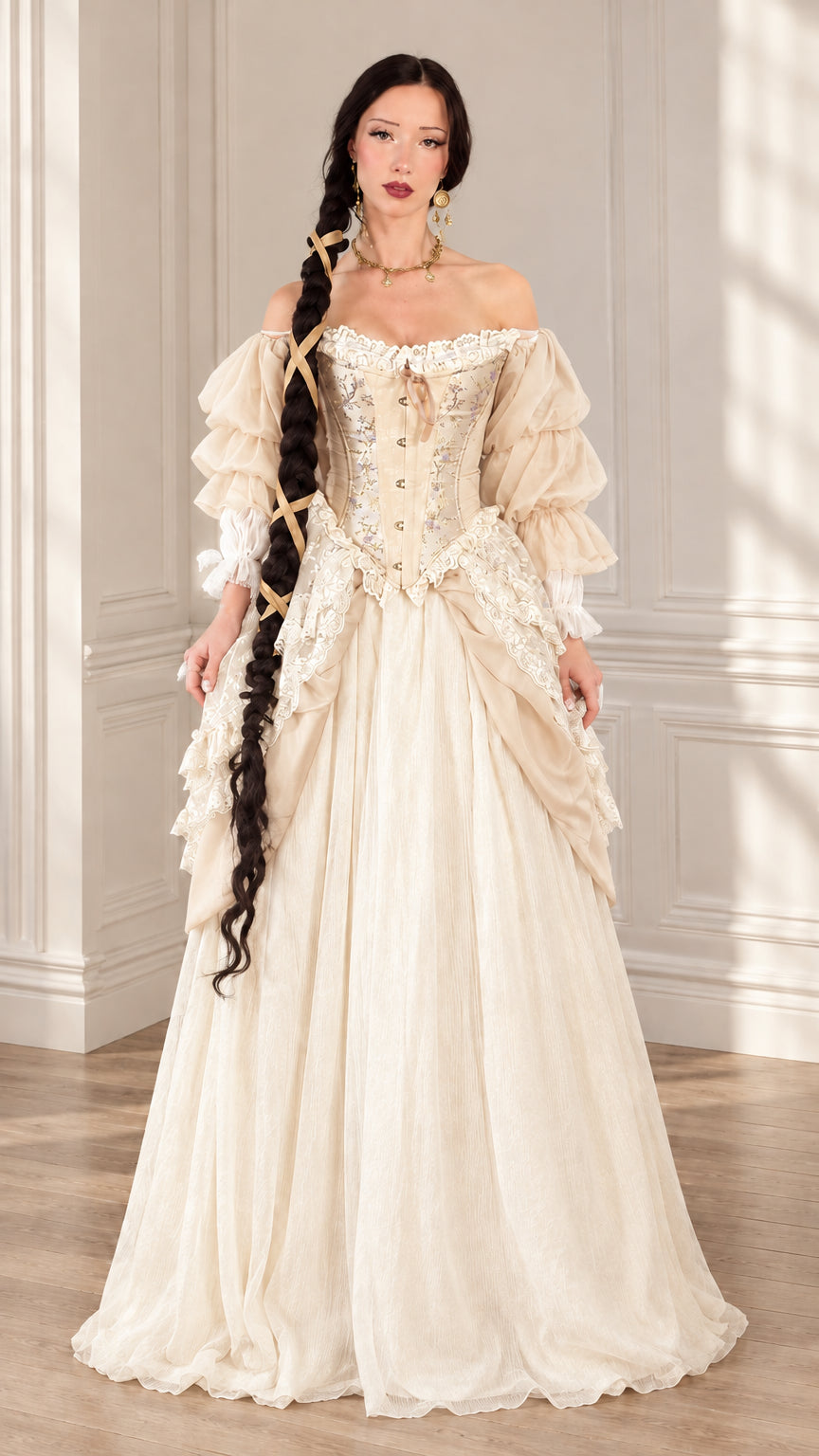 Champagne ivory Renaissance off-shoulder ball gown with delicate lace accents
