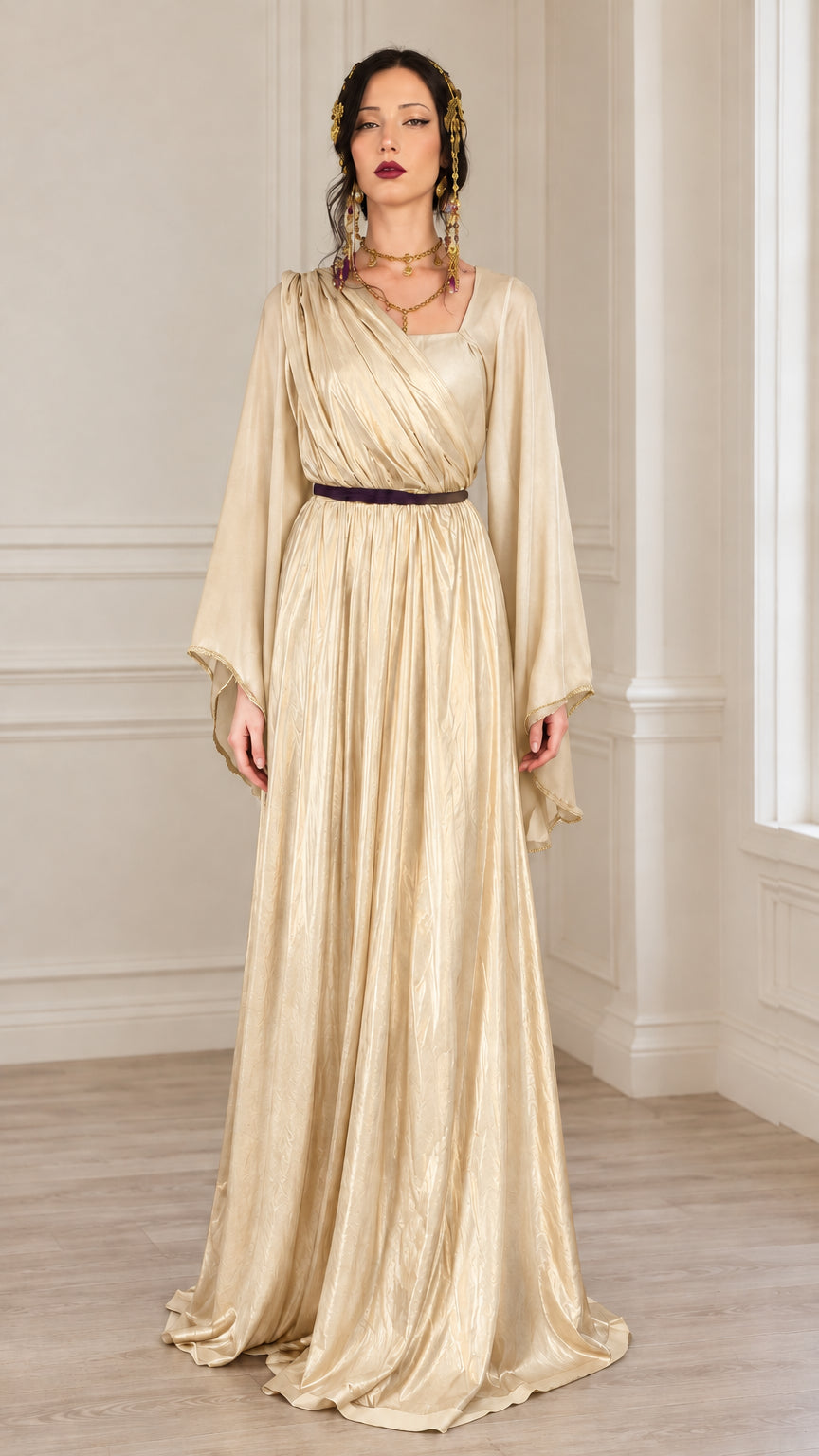 Front view of model wearing champagne gold draped maxi dress with bell sleeves