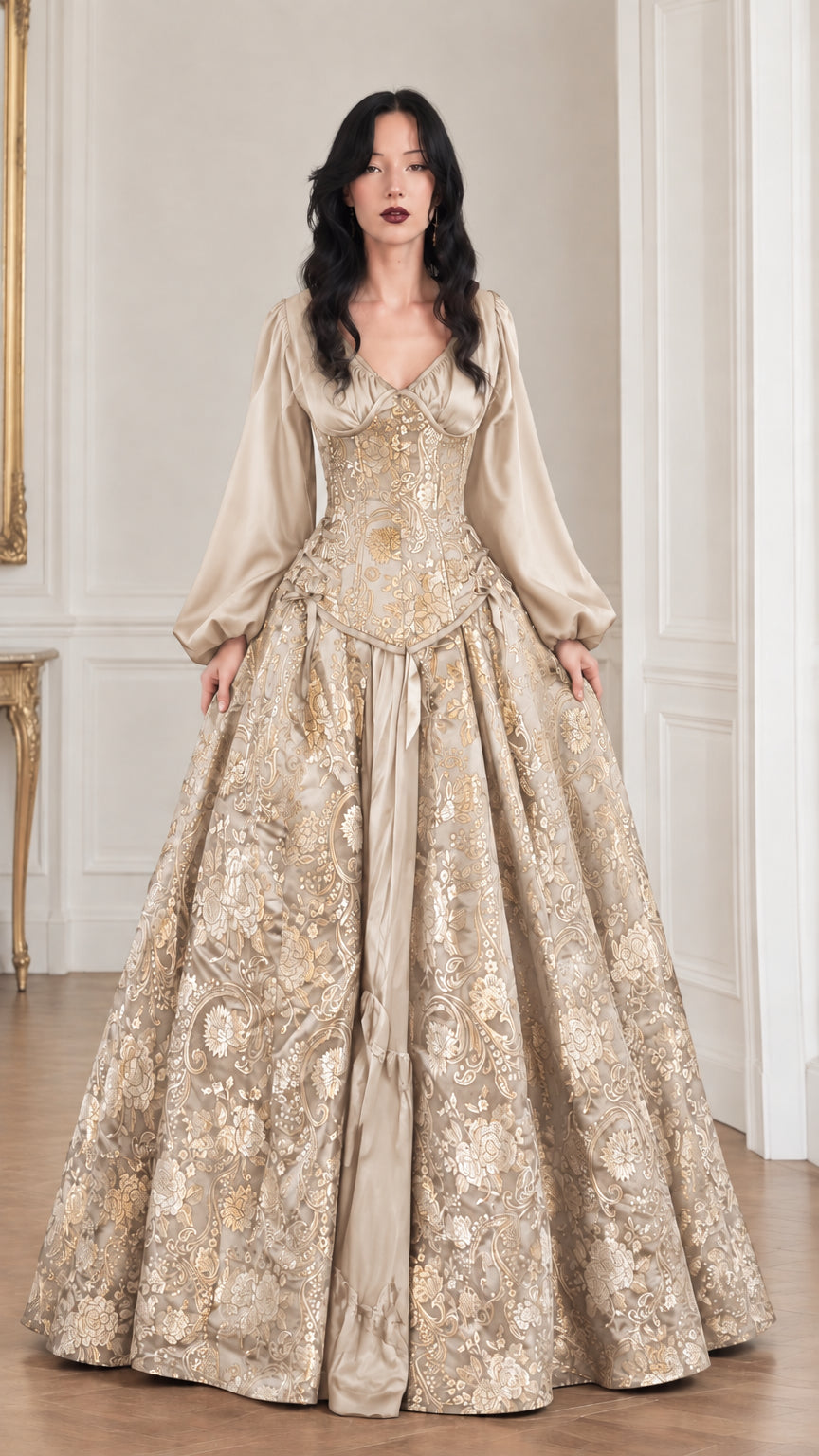 Champagne gold jacquard ball gown dress with vintage corset bodice