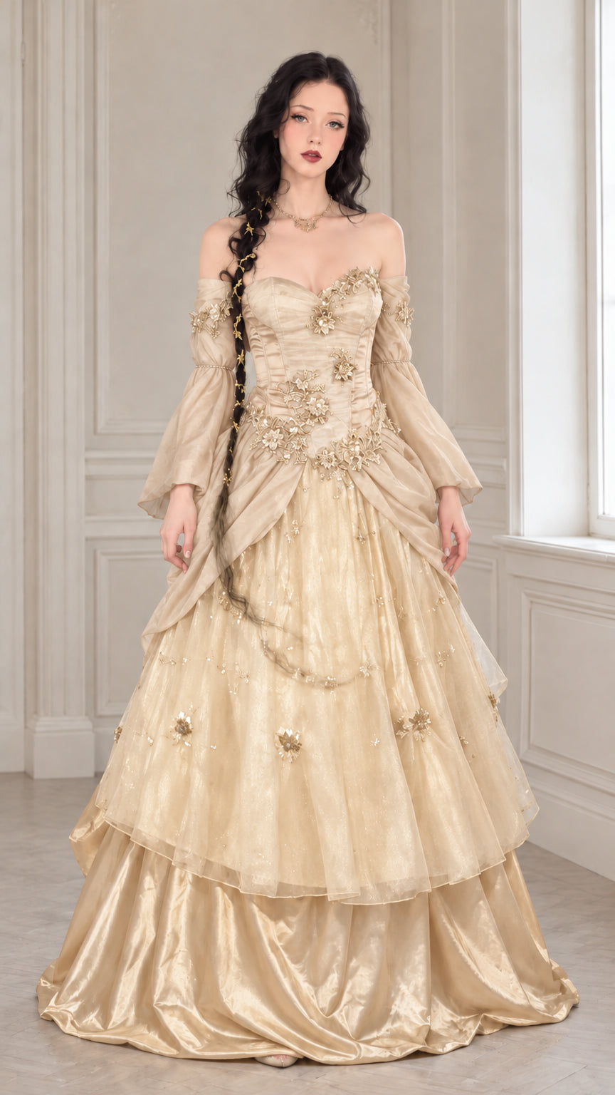 Champagne gold Renaissance ball gown with floral embroidery and full tiered skirt