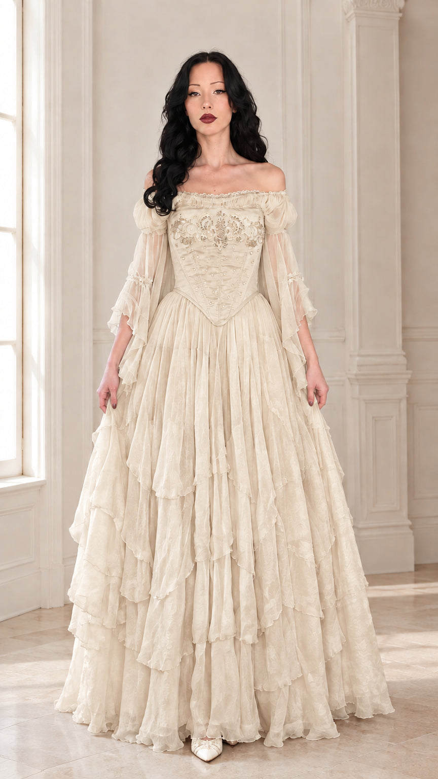 Front view of the embroidered corset ball gown in soft champagne