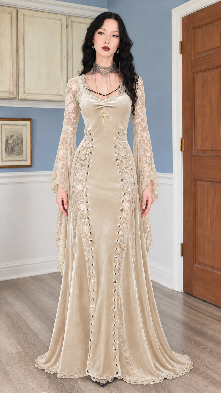 Champagne beige velvet maxi dress with lace panels and corset-style front