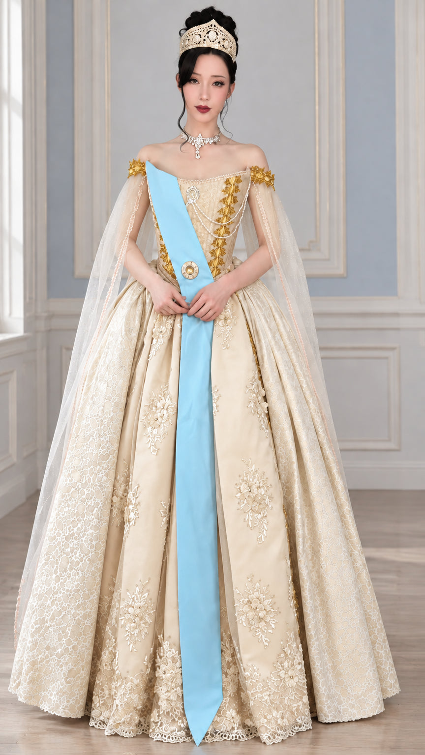Champagne gold embroidered ball gown with off-shoulder draped sleeves
