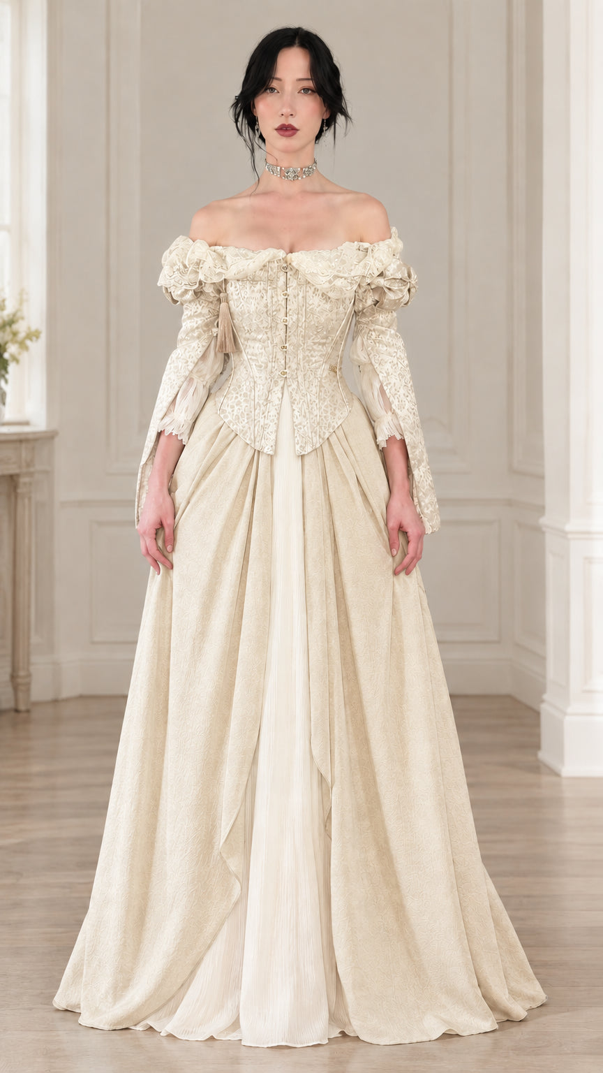 Front view of champagne cream vintage off-the-shoulder jacquard ball gown