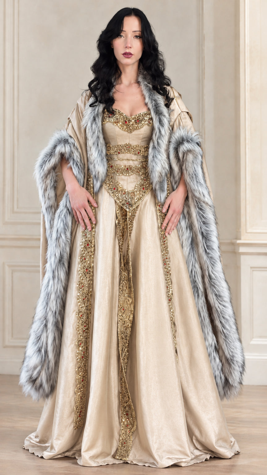 Champagne beige Renaissance embroidered gown with fur trimmed cloak