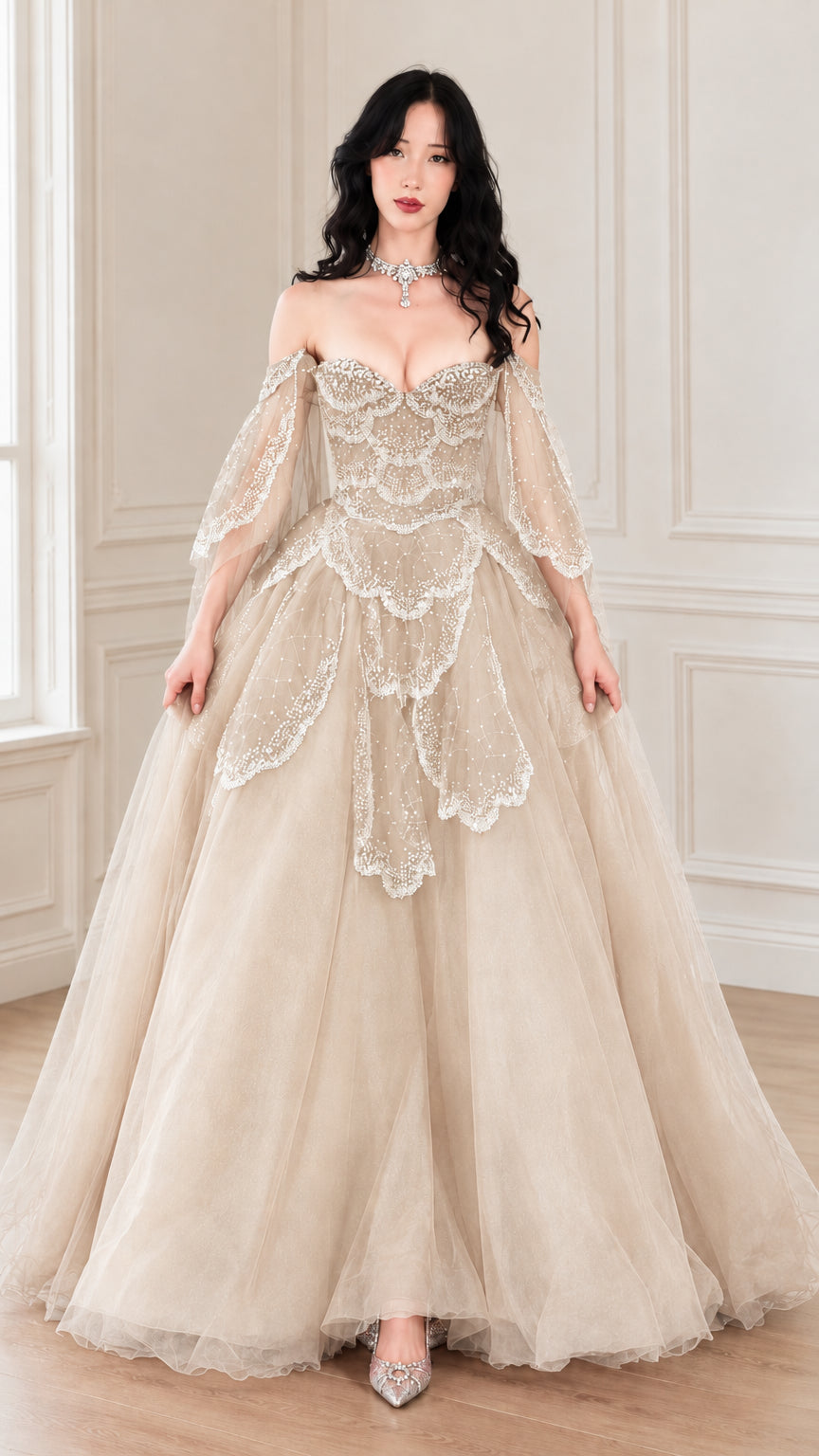 Front view of woman wearing champagne beige off-the-shoulder beaded tulle ball gown