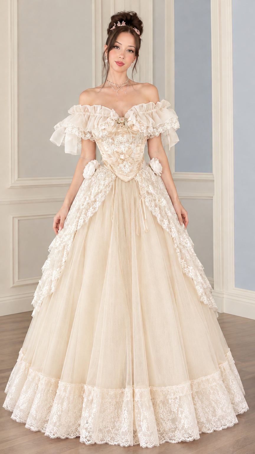 Full-length view of the champagne cream Victorian formal gown with tonal lace applique and multi-layered skirt