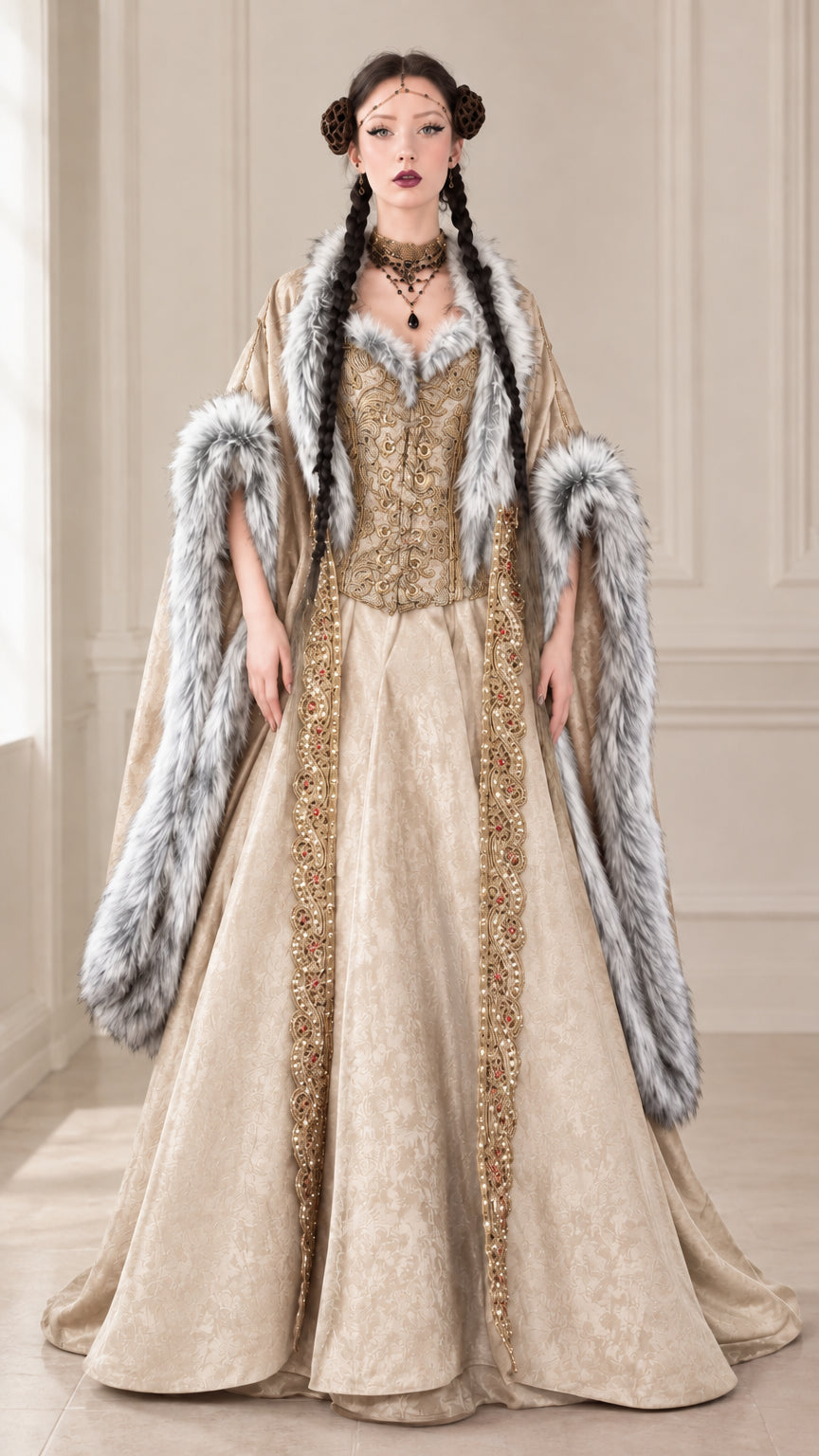 Champagne gold Renaissance ball gown with plush faux fur trim and gold accents